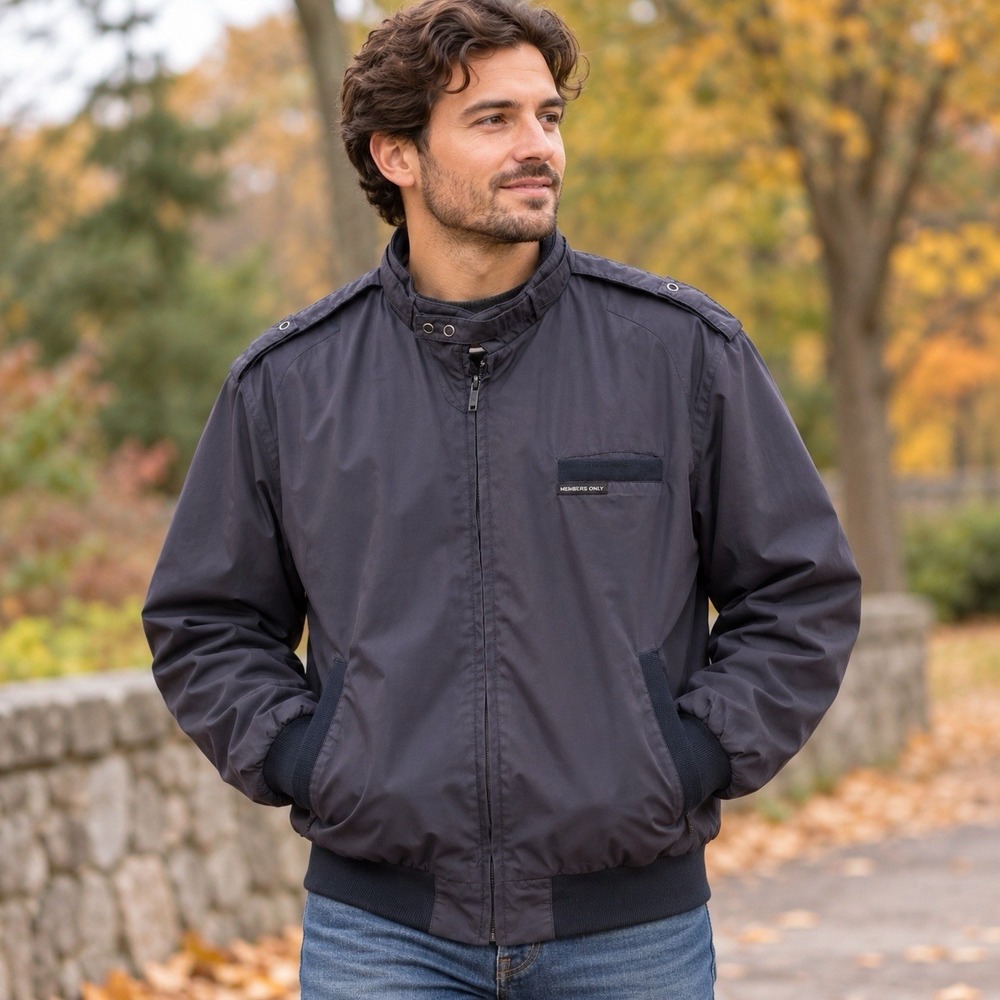 Members Only Mens L Navy Blue Bomber Jacket Racer Moto Full Zip  Vintage Style